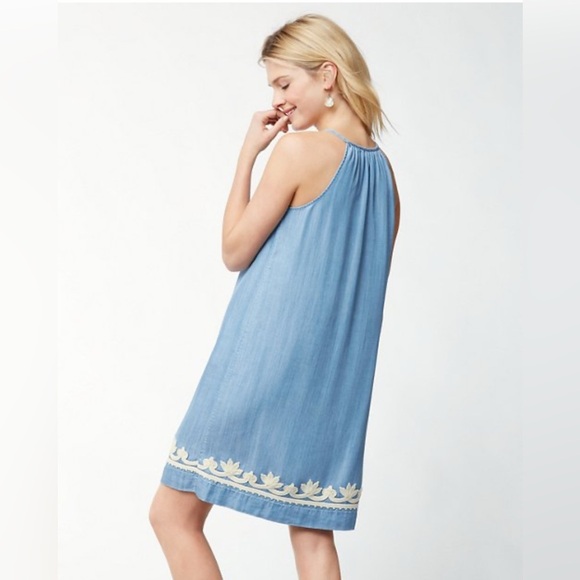 Tommy Bahama Chambray Embroidered Halter Dress with Detailing, Tencel, Size M - Picture 2 of 12